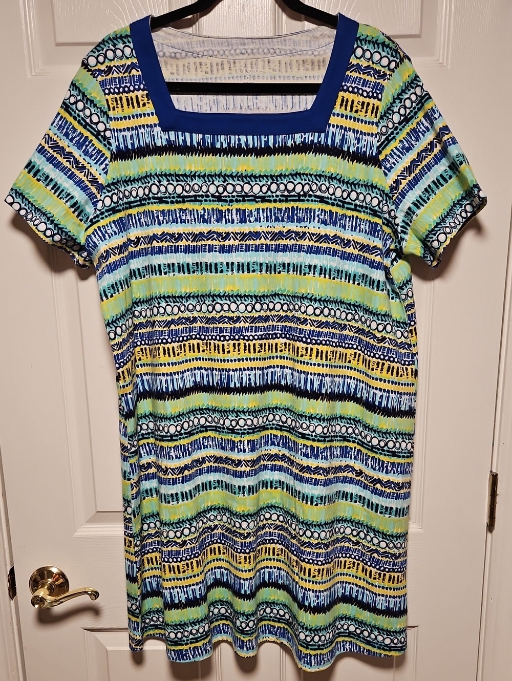 Square-Neck Short Sleeve Stripe Print Dress in Blue & Green